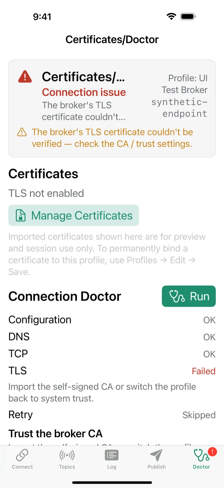 Connection Doctor showing a typed diagnostic for a failed connection