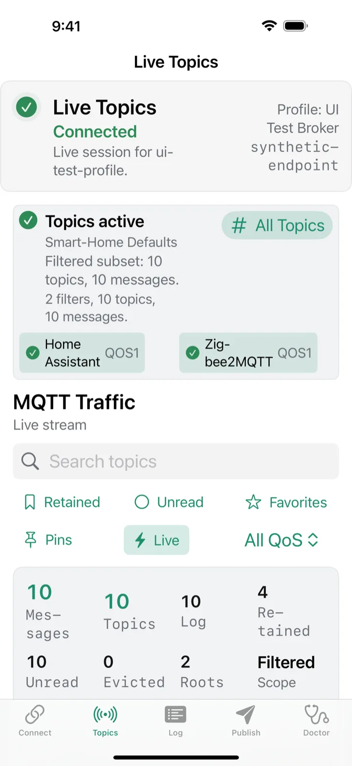 MQTT Commander showing a smart-home topic tree on iPhone