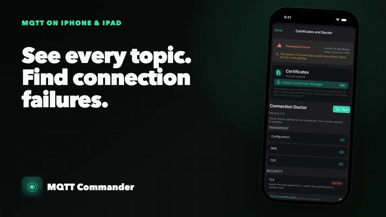 MQTT Commander on an iPhone showing Connection Doctor with the TLS stage marked as failed